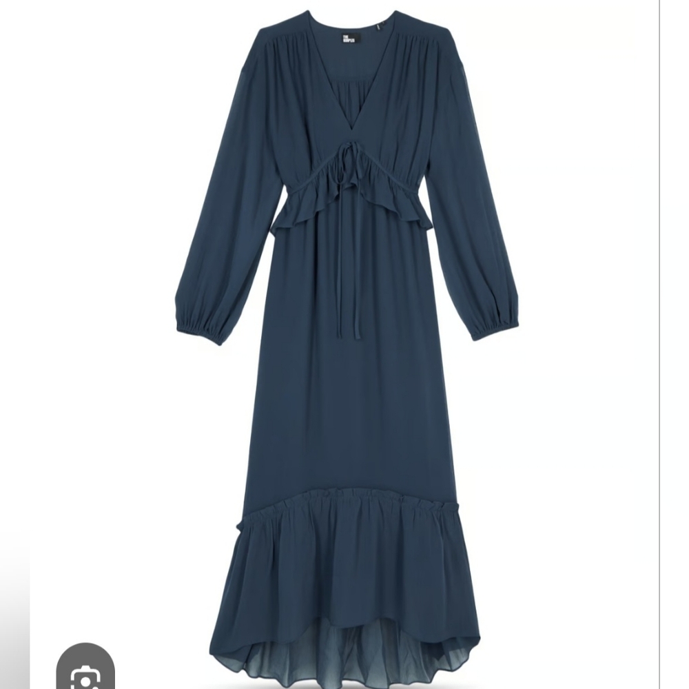 NWT THE KOOPLES Elegant Navy Blue Pure Silk High Low Lined Dress Sheer Sleeves